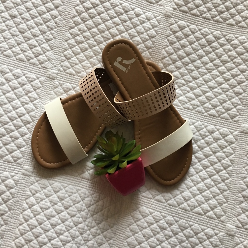Pink and white flat sandals